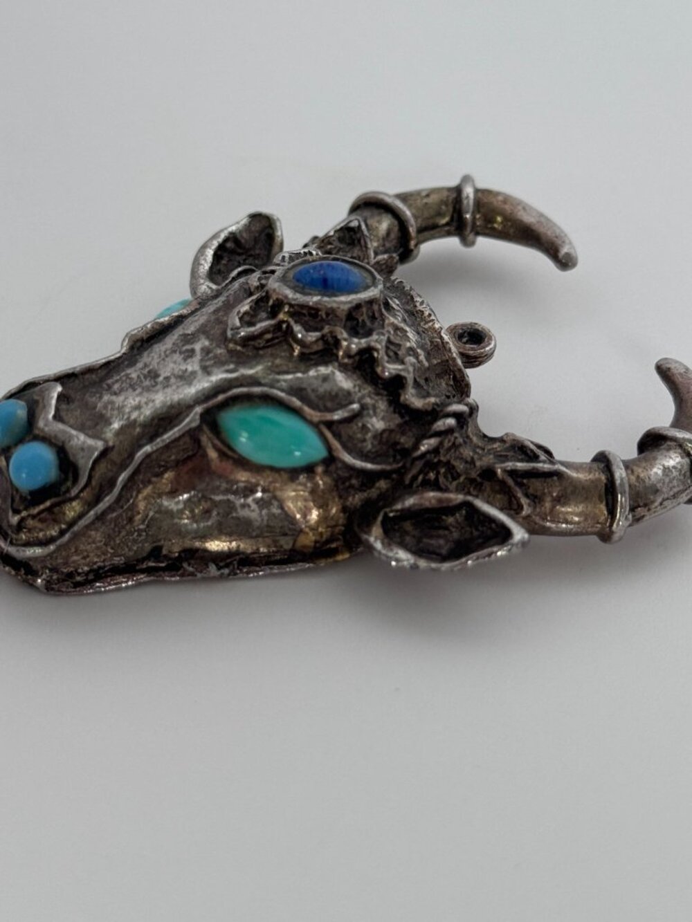 Bull Head Pendant Silver Tone Taurus Boho Mid Century Jewelry Vintage Ox Skull - Picture 4 of 11